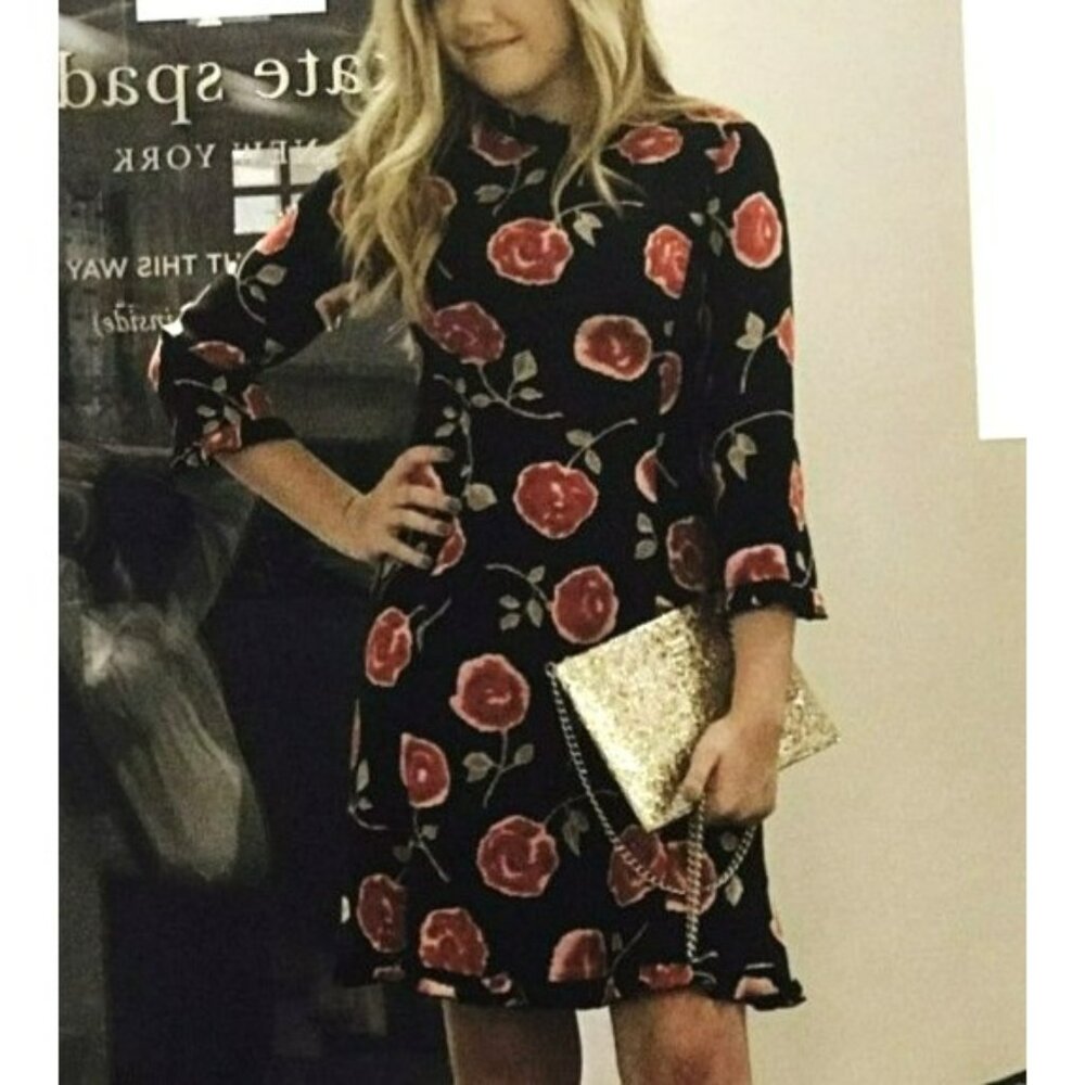 Kate Spade Black Pink Rose Floral Midi Ruffle Hem Dress Modest Career Feminine